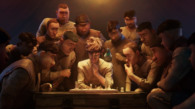 A group of First World War soldiers ponder a game of chess, woth a carrier pigeon on the shoulder of the player, overlooking the game.