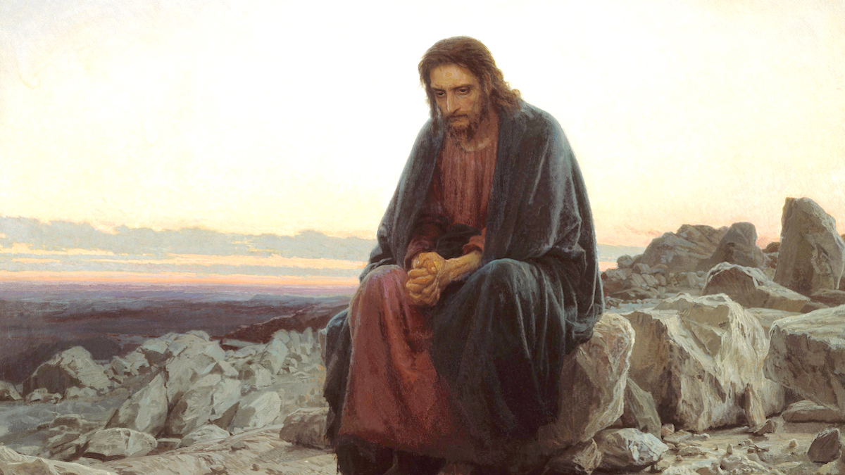 A painting of Jesus Christ alone with his hands folded on a mountaintop