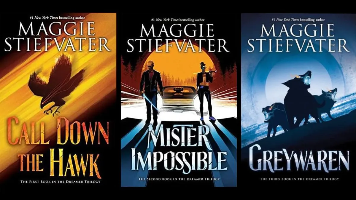 Front covers of the books Call Down the Hawk, Mister Impossible, and Greywaren by Maggie Stiefvater.