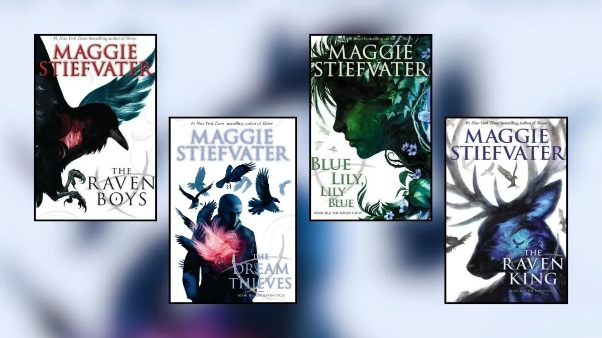 Front covers of the books The Raven Boys, The Dream Thieves, Blue Lily, Lily Blue, and The Raven King by Maggie Stiefvater.