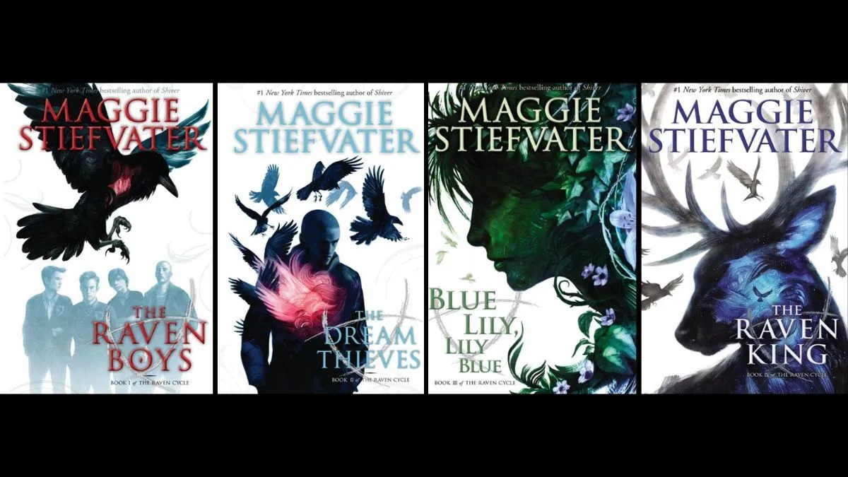 Front covers of the books The Raven Boys, The Dream Thieves, Blue Lily, Lily Blue, and The Raven King by Maggie Stiefvater.