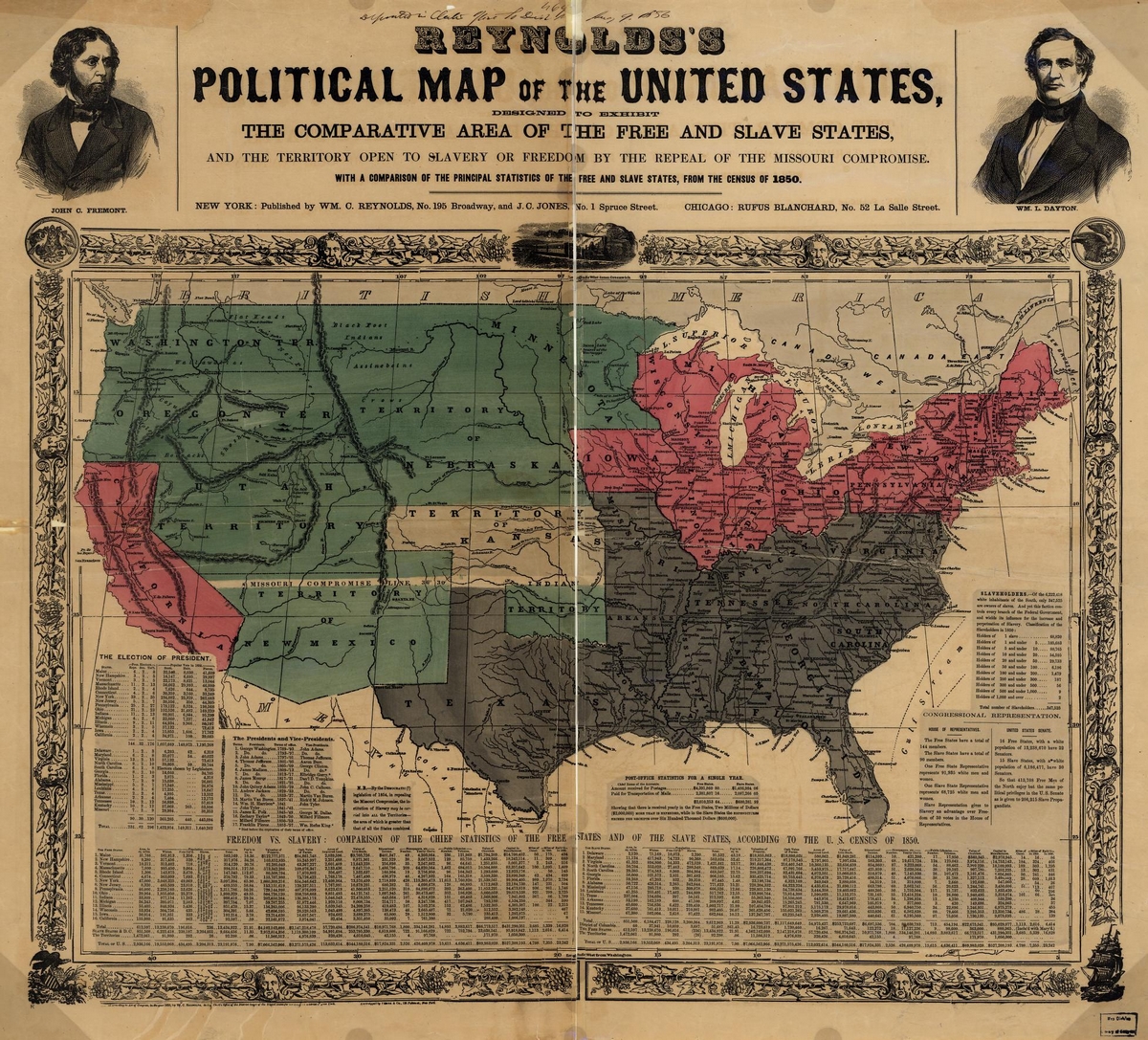 1850 map showing the split between free and slave lands in the United States.
