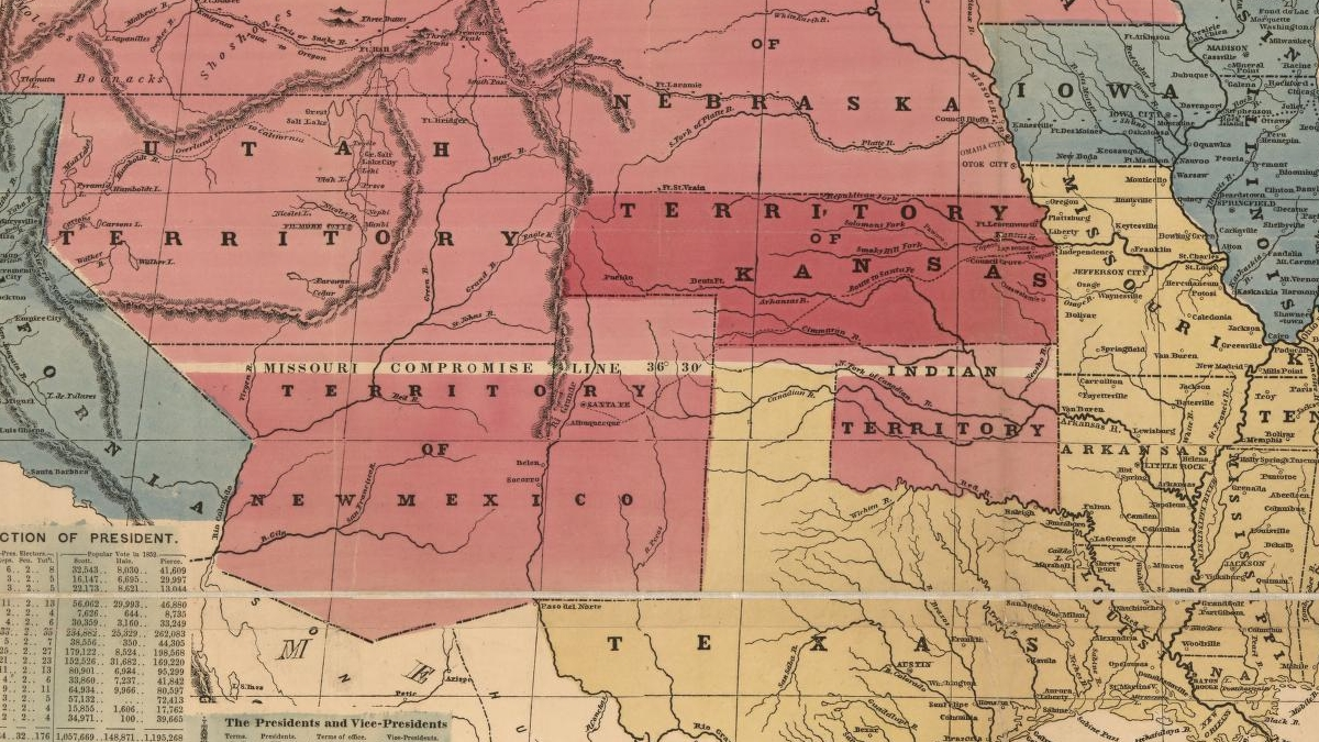 1856 map of the United States showing the Missouri Compromise line.