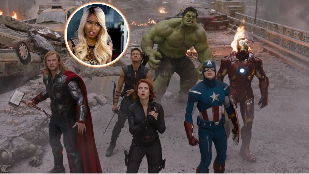 Collage of Nicki Minaj over an image of The Avengers with the whole team