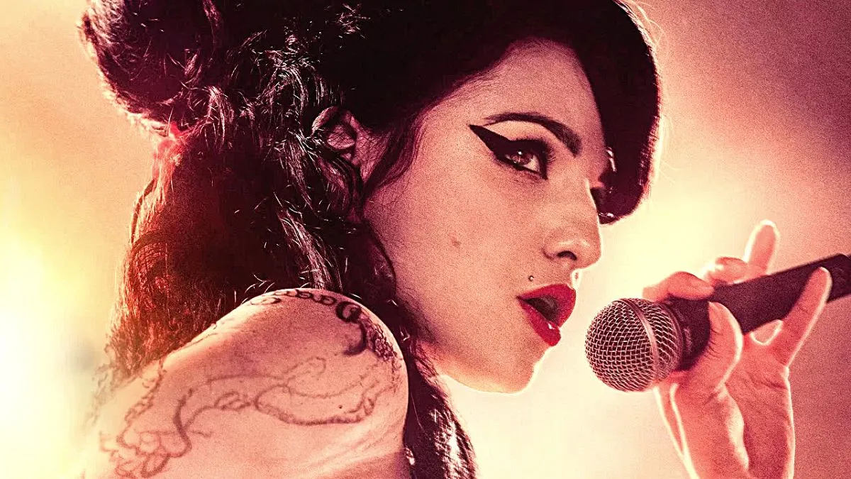 Marisa Abela as Amy Winehouse in a promotional image for 'Back to Black'.