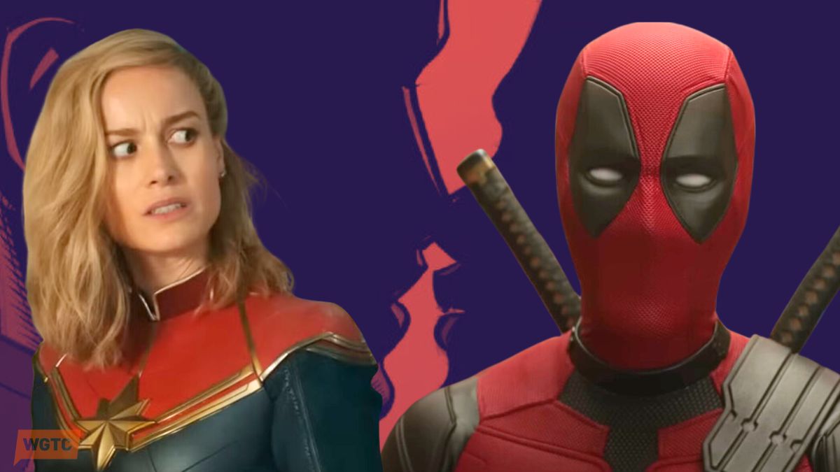 Captain Marvel looking scared/Deadpool from Dedpool & Wolverine overlaid on comic book panel of Deadpool and Captain Marvel kissing