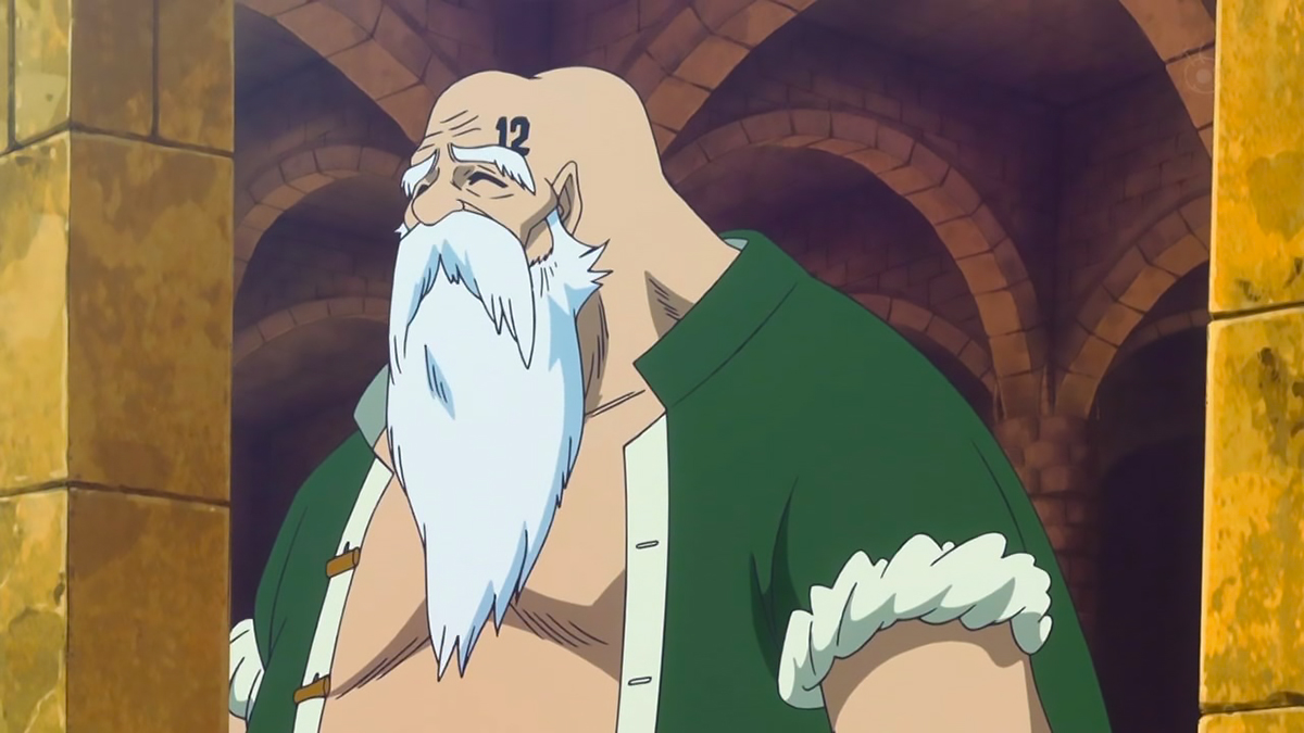 Don Chinjao smiling while squinting his eyes, with his head flat during the One Piece Dressrosa arc
