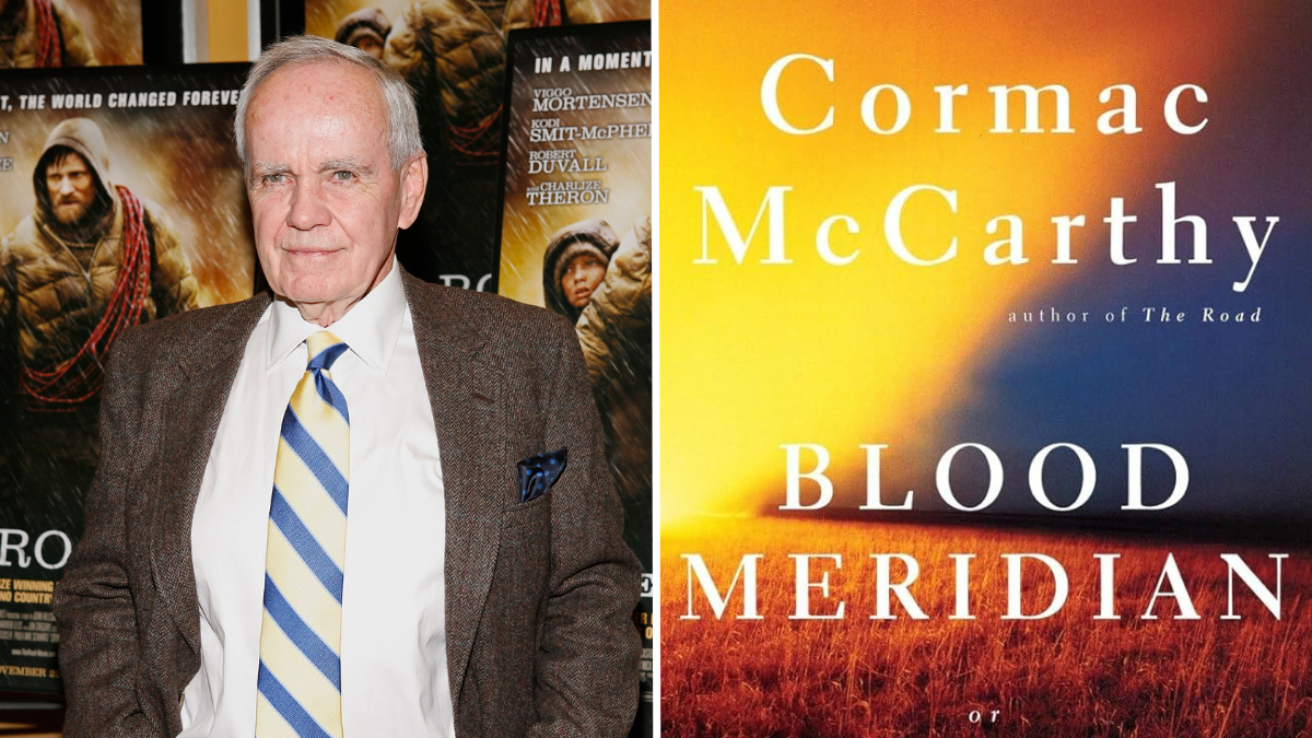 Author Cormac McCarthy next to the cover of his book Blood Meridian