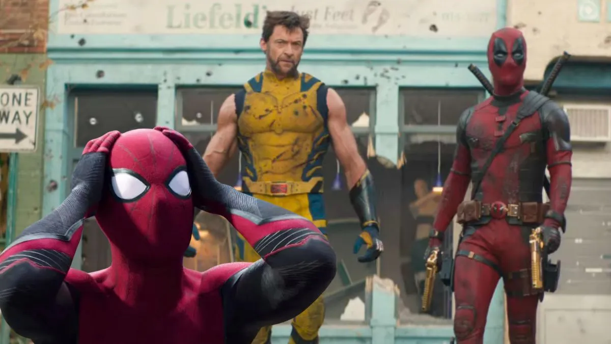 Spider-Man is shocked/Logan and Wade Wilson in Deadpool & Wolverine