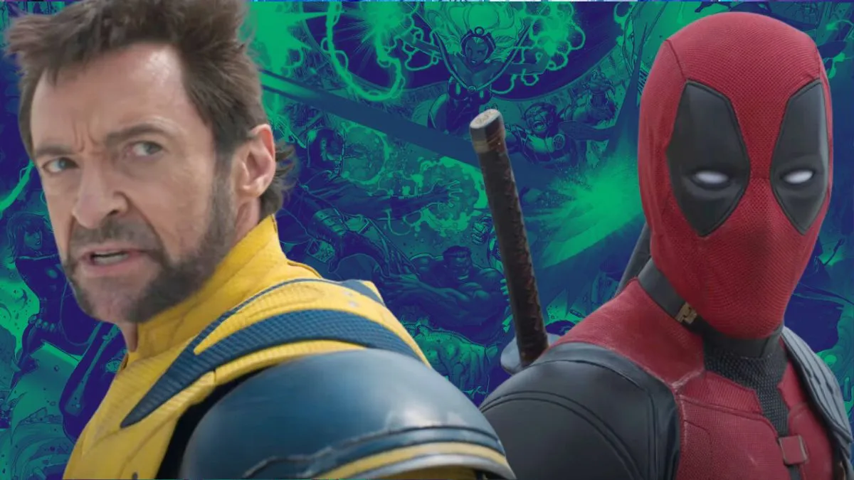 Deadpool and Wolverine overlaid on a green-hued panel from Avengers vs. X-Men