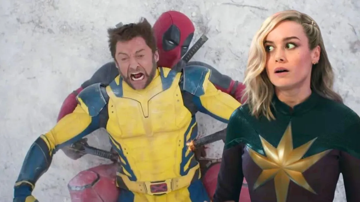 Deadpool and Wolverine fight/Carol Danvers looks concerned in The Marvels