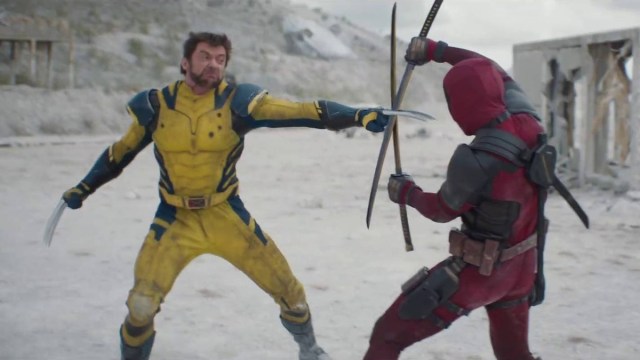 Hugh Jackman and Ryan Reynolds fighting with swords and claws in Deadpool & Wolverine