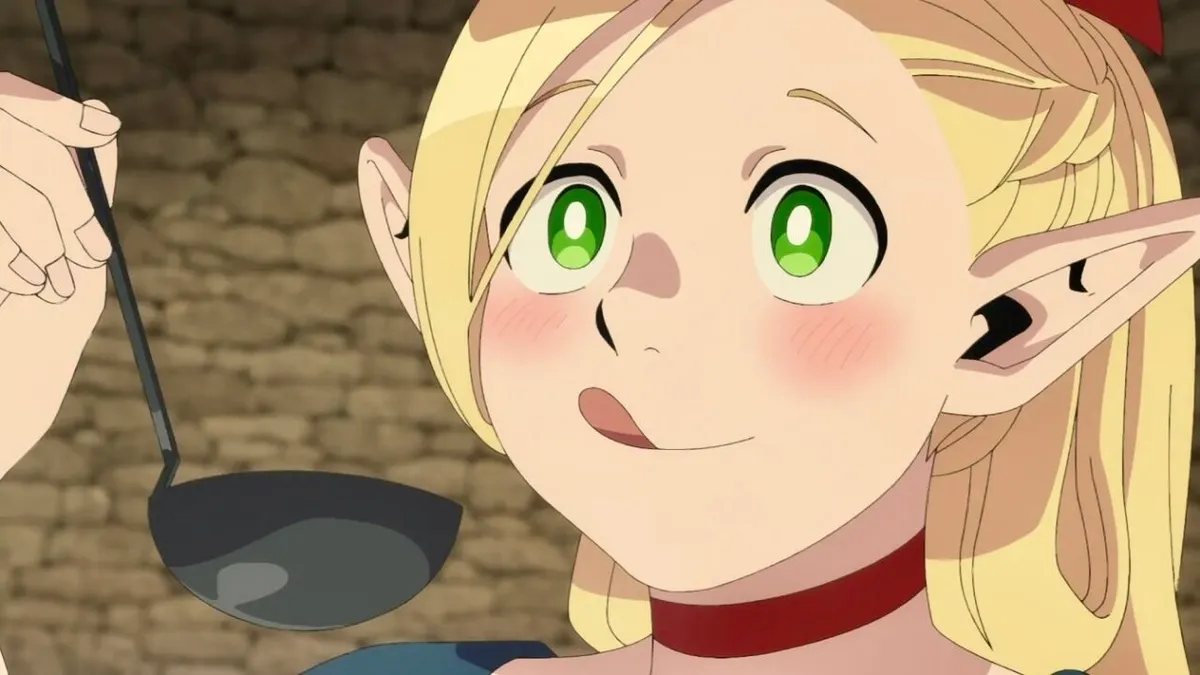 A screengrab of Marcille enjoying a bowl of soup in the Netflix anime, ‘Delicious in Dungeon’