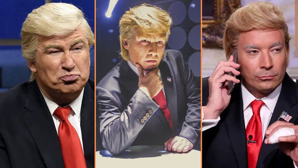 A split image featuring Jimmy Fallon, Johnny Depp and Alec Baldwin acting as Donald Trump