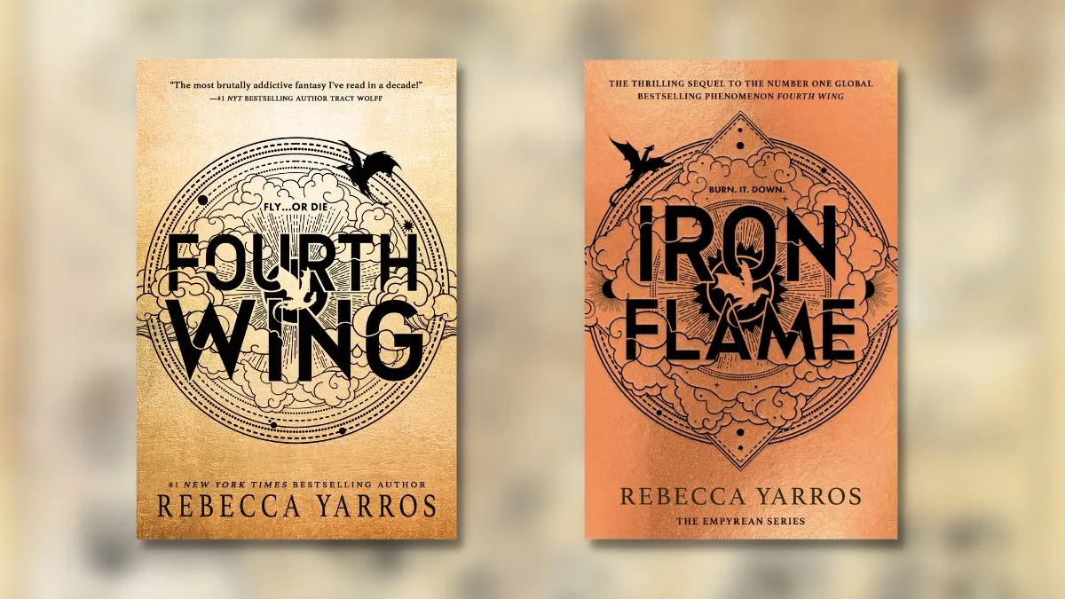 Fourth Wing and Iron Flame book covers on top of a blurred image of the world map