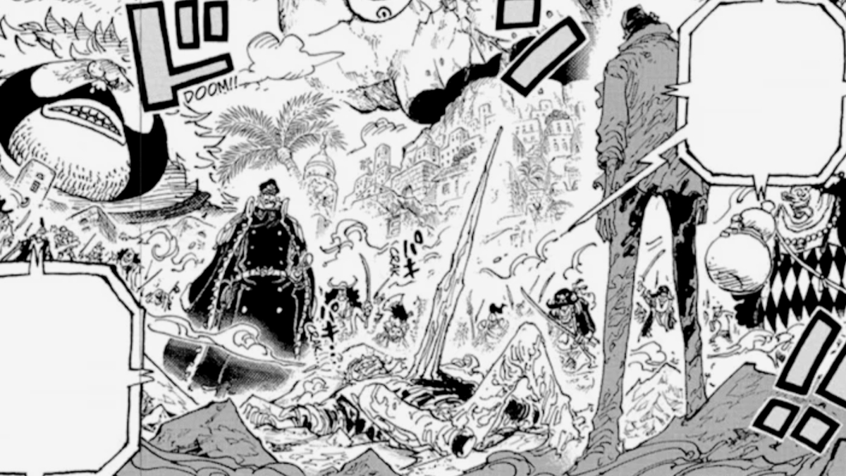 A 'One Piece' panel showing Garp impaled with an ice spear, surrounded by Blackbeard Pirates.