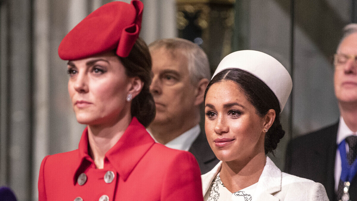 Catherine, The Duchess of Cambridge stands with Meghan, Duchess of Sussex at Westminster Abbey for a Commonwealth day service on March 11, 2019 in London, England. 