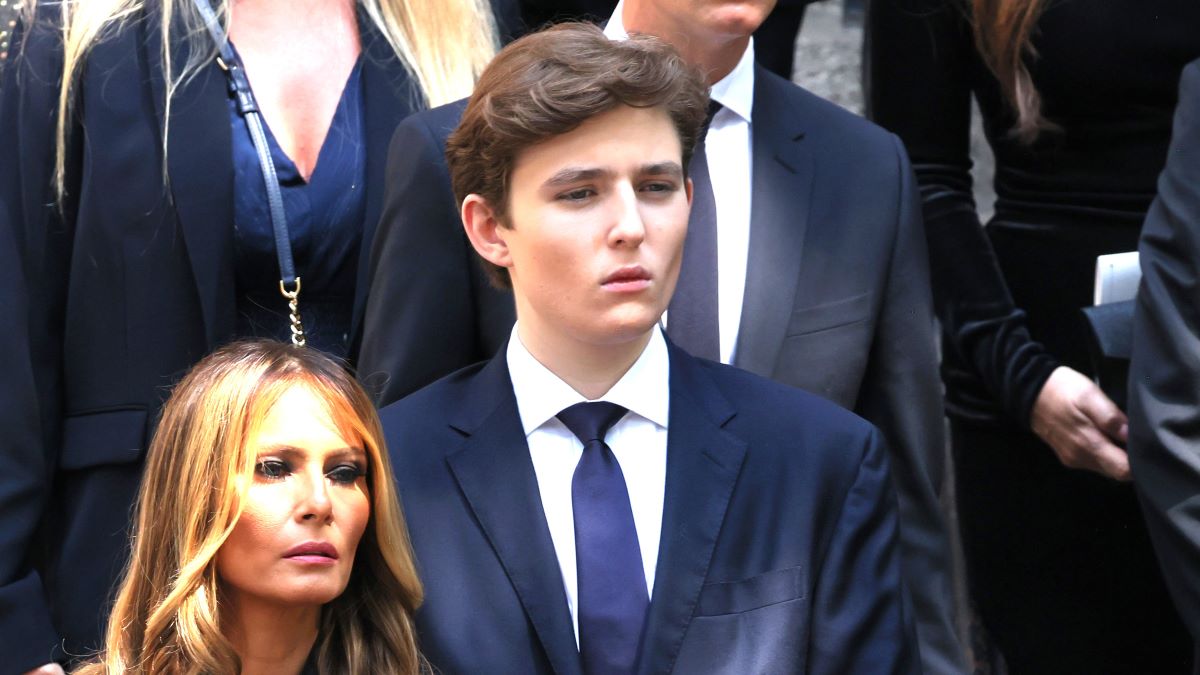 ormer President Donald Trump and his wife Melania Trump along with their son Barron Trump and Ivanka Trump and their children watch as the casket of Ivana Trump is put in a hearse outside of St. Vincent Ferrer Roman Catholic Church during her funeral on July 20, 2022 in New York City. Trump, the first wife of former U.S. President Donald Trump, died at the age of 73 after a fall down the stairs of her Manhattan home. (Photo by Michael M. Santiago/Getty Images)