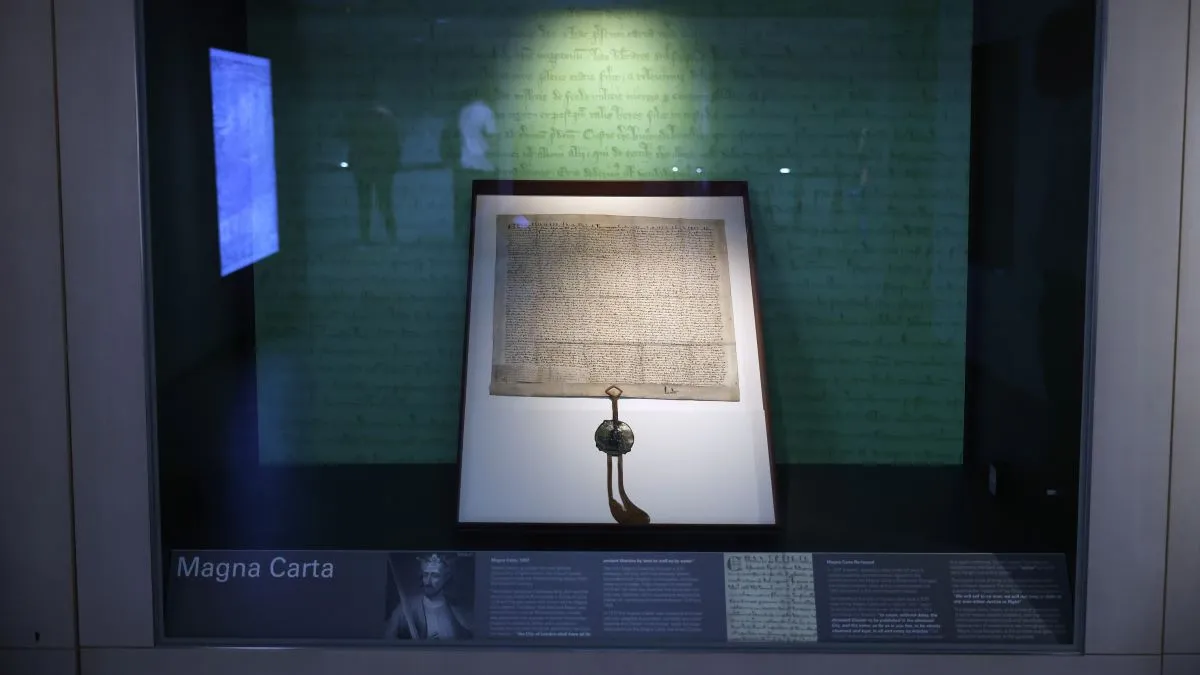The City of London Corporation’s 1297 copy of Magna Carta is on display at its Heritage Gallery within Guildhall Art Gallery on September 20, 2022 in London, England. "One of the finest surviving 13th-century copies of this historic document, it has been on rare public display for the last few months and returns to London Metropolitan Archives on Thursday," according to the museum. (Photo by Chip Somodevilla/Getty Images)