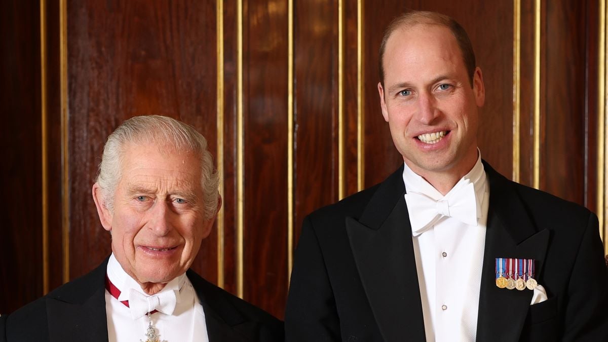 Queen Camilla, King Charles III, Prince William, Prince of Wales and Catherine, Princess of Wales pose for a photograph ahead of The Diplomatic Reception in the 1844 Room at Buckingham Palace on December 05, 2023 in London, England. (Photo by Chris Jackson/Getty Images For Buckingham Palace)