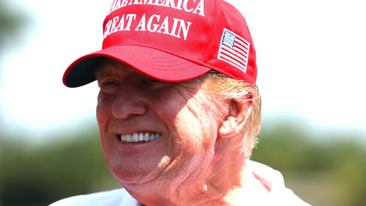 Former U.S. President Donald Trump is seen at the driving range during day three of the LIV Golf Invitational - Miami at Trump National Doral Miami on April 07, 2024 in Doral, Florida. (Photo by Megan Briggs/Getty Images)