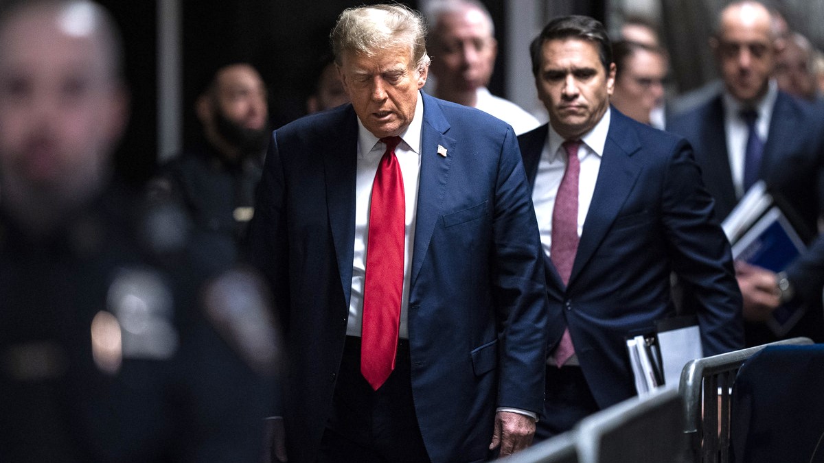 Former U.S. President Donald Trump arrives ahead of the start of jury selection at Manhattan Criminal Court on April 15, 2024 in New York City. Former President Donald Trump faces 34 felony counts of falsifying business records in the first of his criminal cases to go to trial