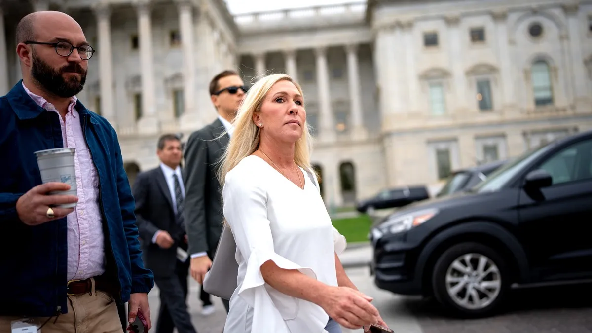 Rep. Marjorie Taylor Greene (R-GA) departs Capitol Hill following a vote on April 19, 2024 in Washington, DC. The House has allowed a long standing international aid bill for Ukraine, Israel and Taiwan to come to a vote this weekend over objections from some Republican members.