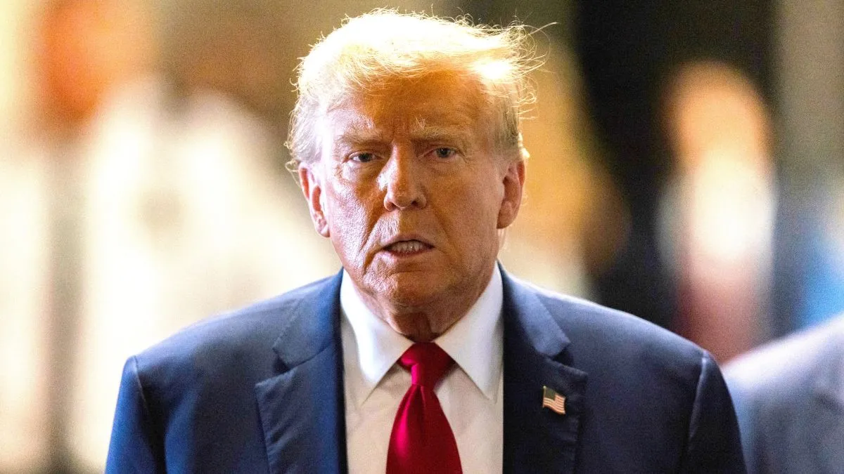 Former U.S. President Donald Trump exits his criminal trial for allegedly covering up hush money payments at Manhattan Criminal Court on April 25, 2024 in New York City. Trump was charged with 34 counts of falsifying business records last year, which prosecutors say was an effort to hide a potential sex scandal, both before and after the 2016 presidential election. Trump is the first former U.S. president to face trial on criminal charges. (Photo by Jeenah Moon-Pool/Getty Images)