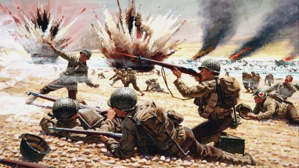 A painting for the US Army 'Stars and Stripes' newspaper depicting American troops fighting for a beachhead on Omaha Beach during the D-Day landings on June 6, 1944 in Normandy, France. (Illustration by Ed Vebell/Getty Images)
