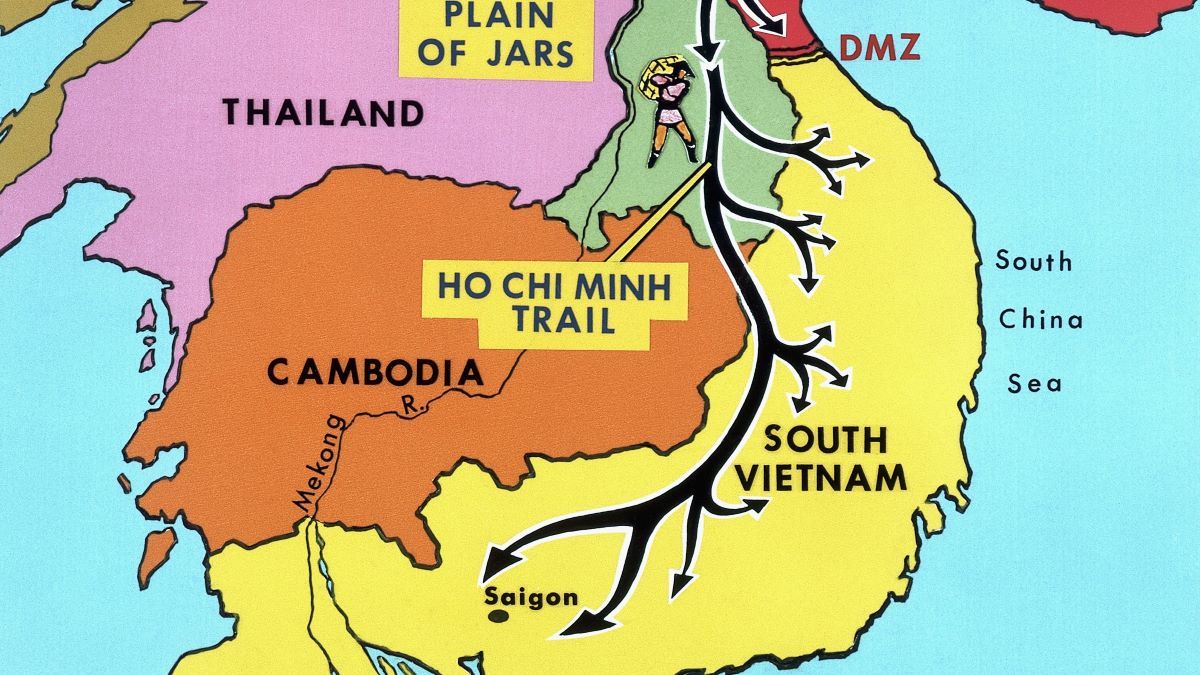3/18/1970-Southeast Asia-ORIGINAL CAPTION READS: Like a serpent, the Ho Chi Minh Trail winds through the neighboring nations of Laos, Cambodia, and South Vietnam from Northern Vietnam.