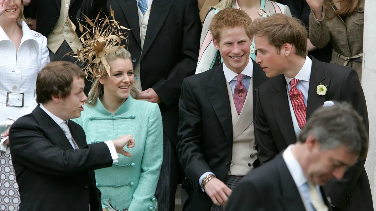 Tom Parker Bowles, Laura Parker Bowles, Prince Harry and Prince William depart the Civil Ceremony following the marriage between HRH Prince Charles & Mrs Camilla Parker Bowles, at The Guildhall, Windsor on April 9, 2005 in Berkshire, England.  