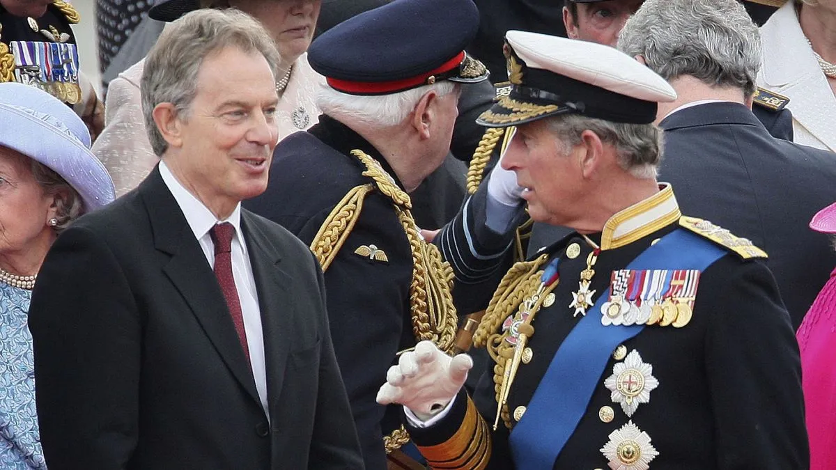 British Prime Minister Tony Blair stands with Prince Charles, Prince of Wales during a Falklands War flypast on June 17, 2007 in London. Commemorations to mark the 25th anniversary of the liberation of the Falkland Islands by British Military forces are taking place in the United Kingdon and The Falkland Islands. (Photo by Peter Macdiarmid/Getty Images)