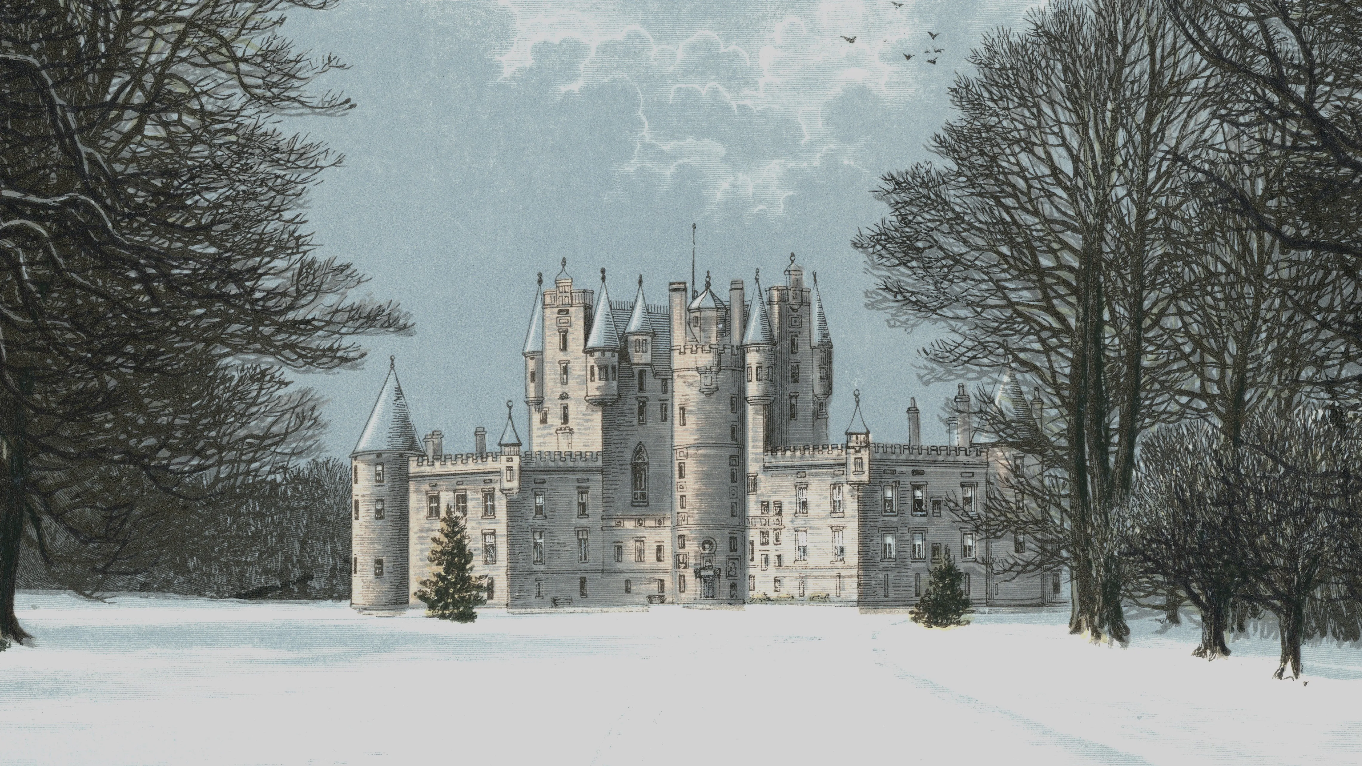 PAINTING OF GLAMIS CASTLE IN WINTER SNOW BUILT IN THE 1400s HOME TO QUEEN MOTHER AND LYON FAMILY ANGUS SCOTLAND (Photo by Charles Phelps Cushing/ClassicStock/Getty Images)