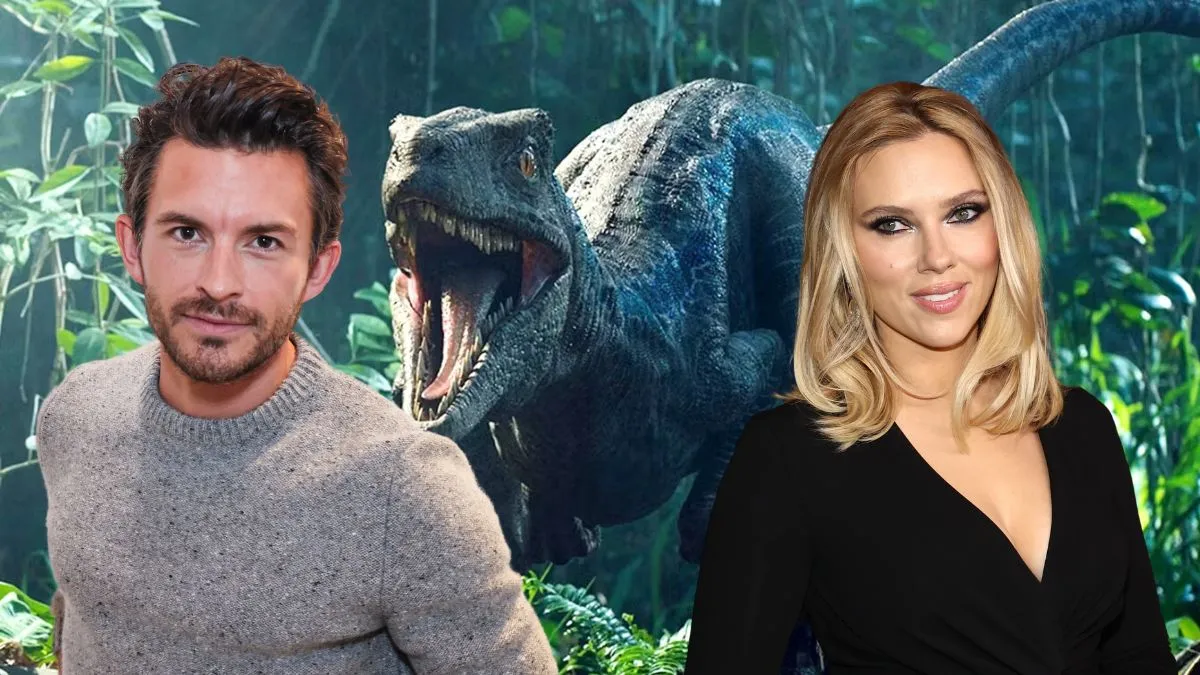 Jonathan Bailey and Scarlett Johansson superimposed over velociraptor from Jurassic World