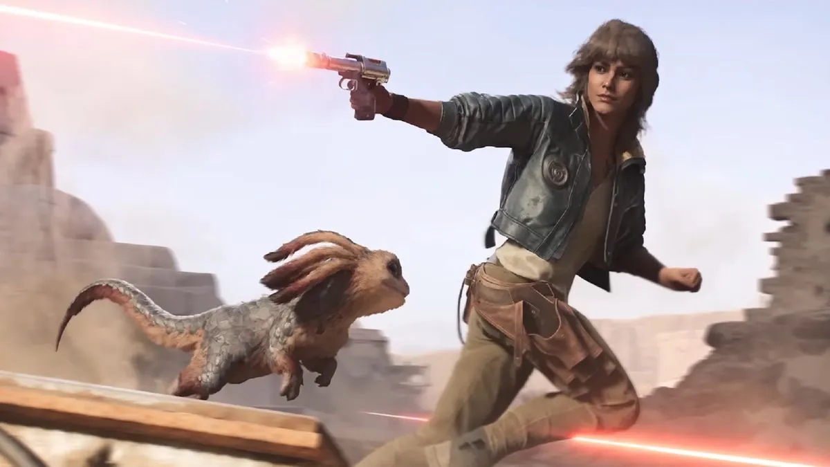 Kay Vess and her pet companion running from enemies in Ubisoft's Star Wars Outlaws