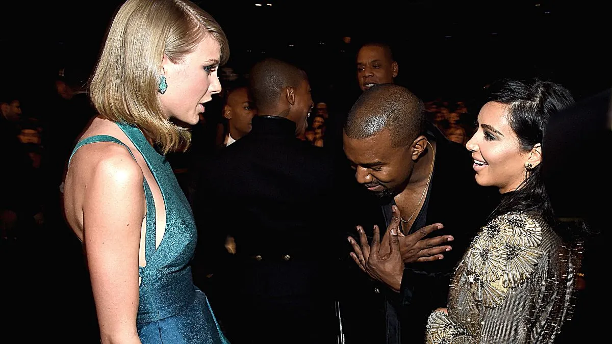 Recording Artists Taylor Swift, Kanye West and tv personality Kim Kardashian attend The 57th Annual GRAMMY Awards at the STAPLES Center on February 8, 2015 in Los Angeles, California. 