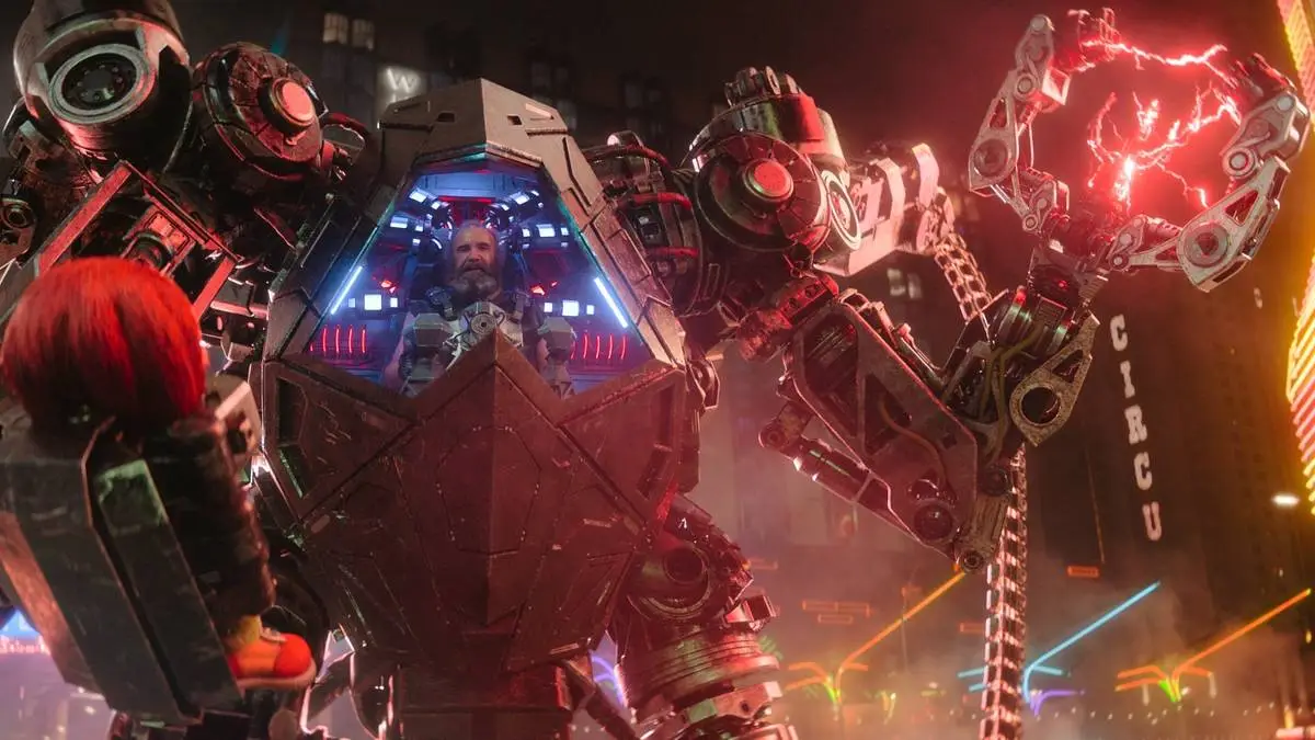 Rory McCann using a robot mecha to smash Knuckles in Paramount+'s Knuckles