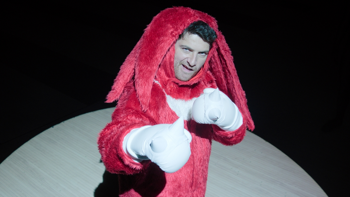 Adam Pally using a Knuckles costume in Paramount+'s Knuckles