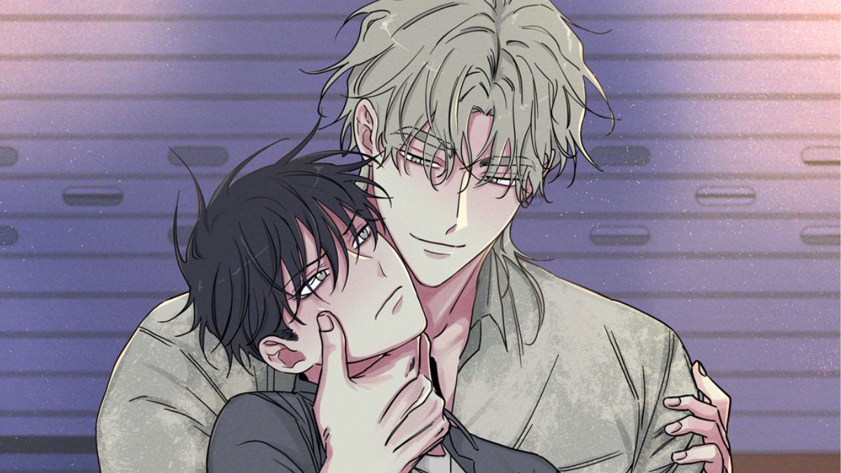 Kim Euihyun being held up by Taeju in the BL manhwa Low Tide in Twilight