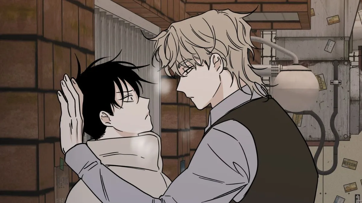 Taeju holding Euihyun against a wall in the BL manhwa Low Tide in Twilight