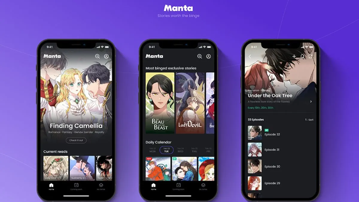 Logotipo da Manta Comics com celulares mostrando seu aplicativo
