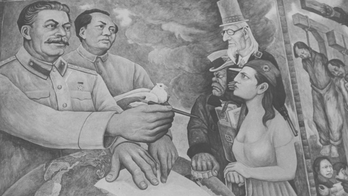 A detail from the mural 'Nightmare of War and Dream of Peace' by Diego Rivera, 31st March 1952. On the left, Joseph Stalin and Mao Tse-tung hold out the dove of peace to Britain's John Bull, America's Uncle Sam and France's Marianne. 