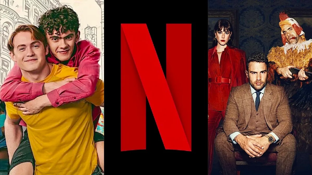 A split image of ‘Heartstopper,’ the Netflix logo, and ‘The Gentlemen’