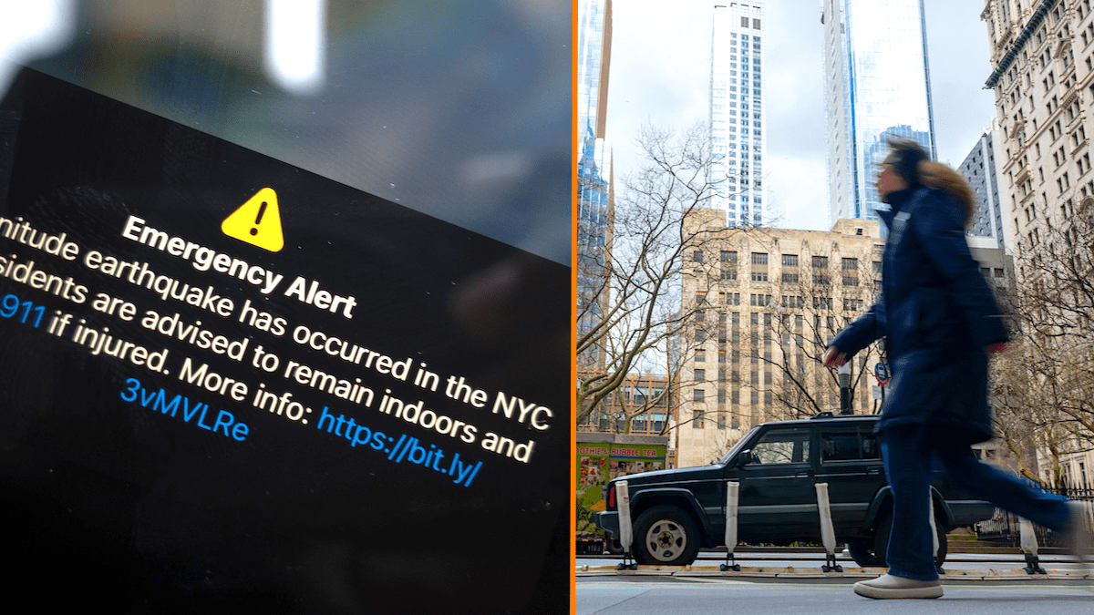 An image of an emergency alert next to a pedestrian in New York City during the April 2024 4.7 magnitude earthquake