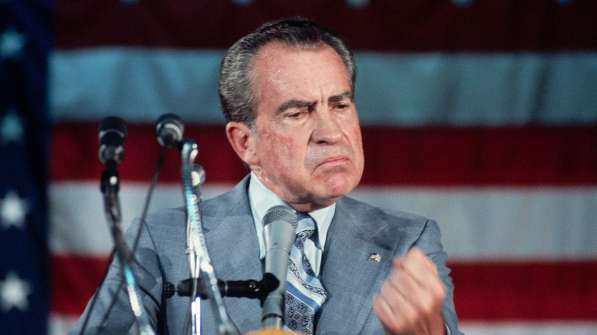 Former president Richard Nixon, in his first public appearance since resigning from the Presidency, speaks to supporters.