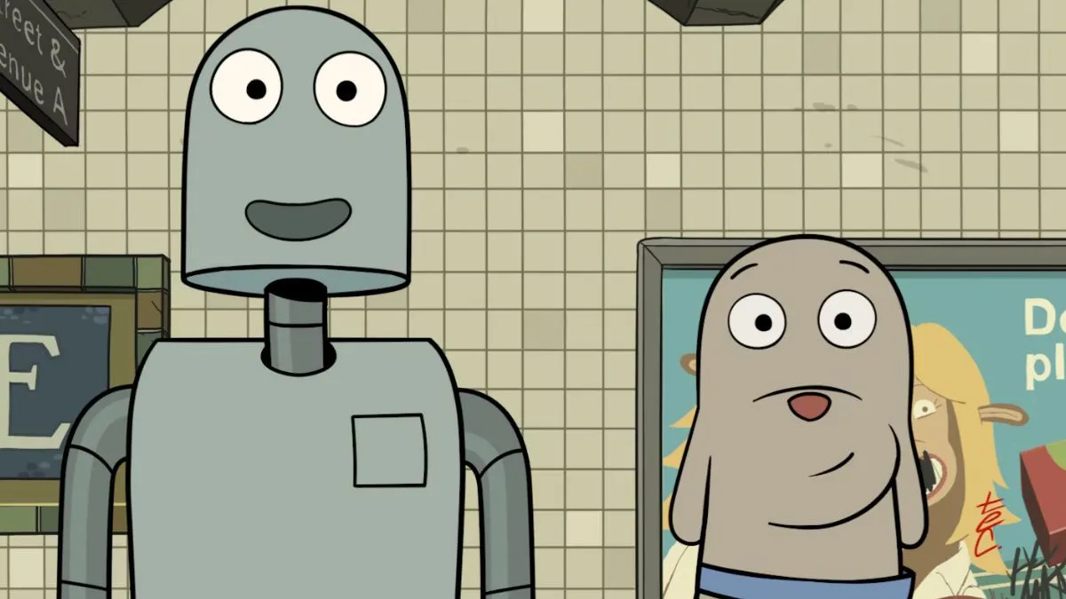 Dog and Robot smiling at a station in Robot Dreams