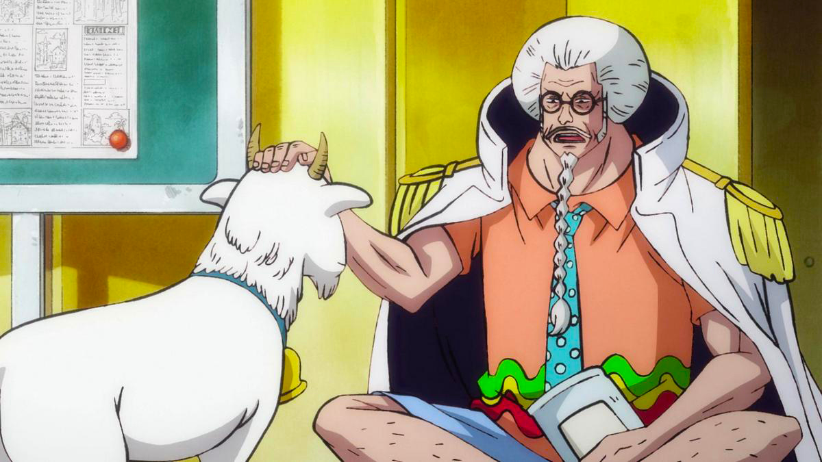 Sengoku sitting cross-legged while petting a goat in One Piece