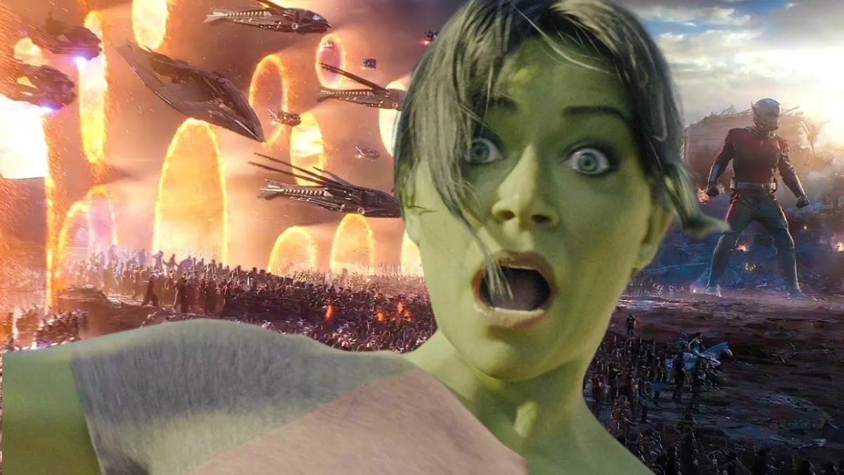 Shocked She-Hulk overlaid on Avengers: Endgame portal scene screenshot