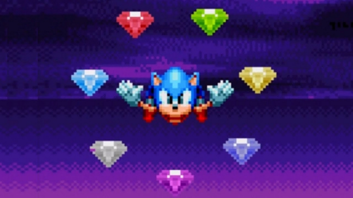 Sonic with the Chaos Emeralds in the game Sonic Mania