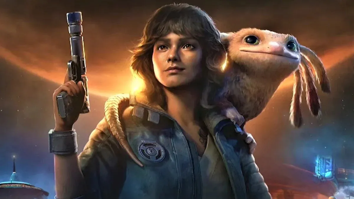 Kay Vess and her pet companion posing in Ubisoft's Star Wars Outlaws
